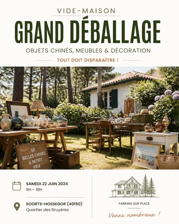 Ambiance d'un vide maison 40 dans un jardin landais avec des objets de brocante