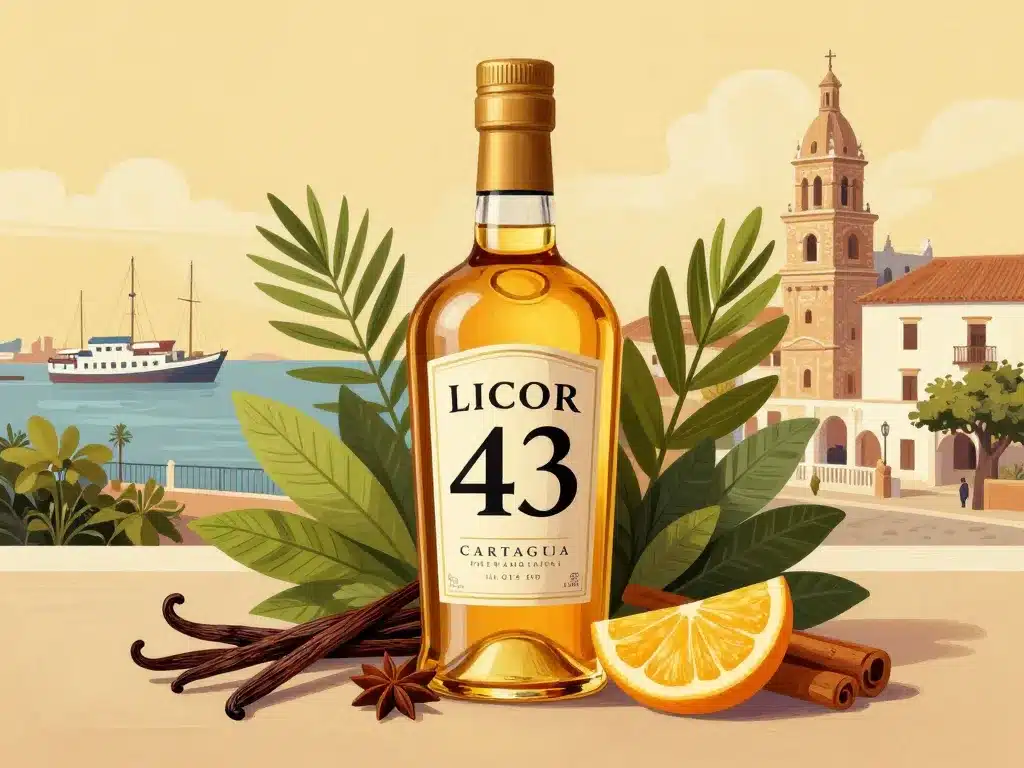 43 licor bouteille entourée de plantes, épices et port de Cartagena