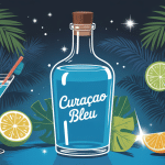 curaçao bleu bouteille stylisée fond tropical cocktail