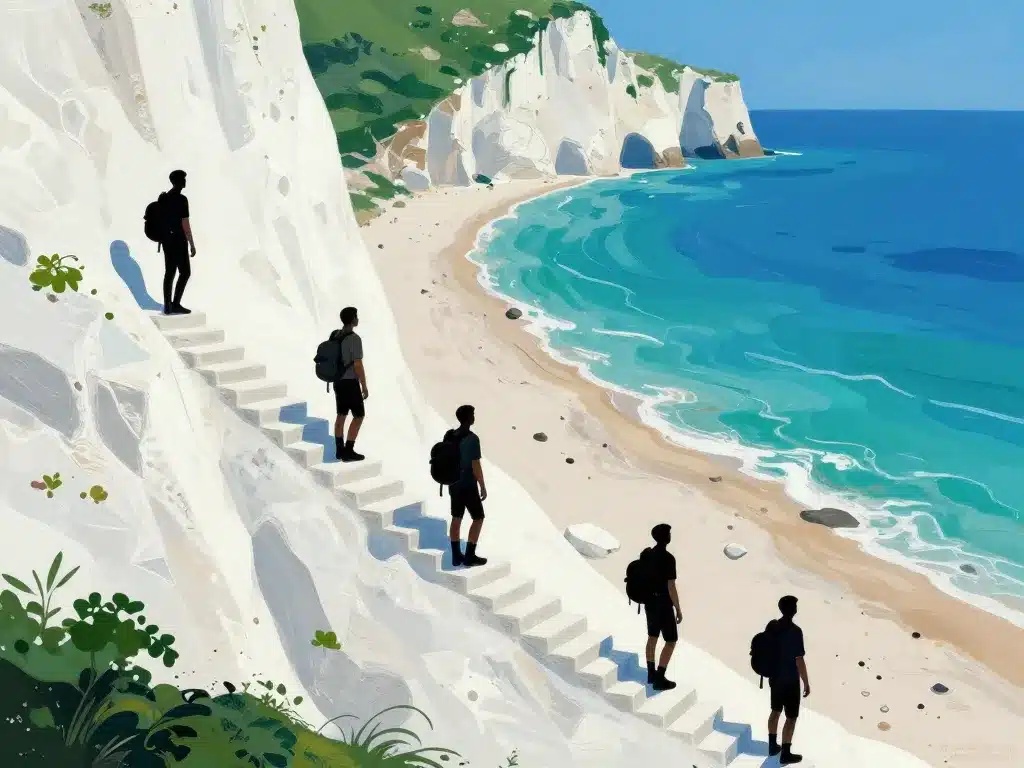 Staircase et explorateurs sur falaise Diamond Beach Nusa Penida aventure et panorama