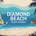 Illustration stylisée de Diamond Beach Nusa Penida à Bali avec sable blanc, falaises et palmiers