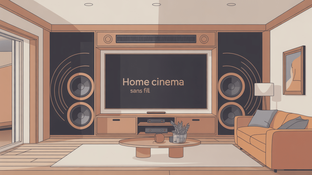 home cinema sans fil dans salon moderne, câbles discrets