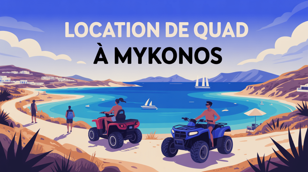 Illustration location quad mykonos avec île, plages et voyageurs
