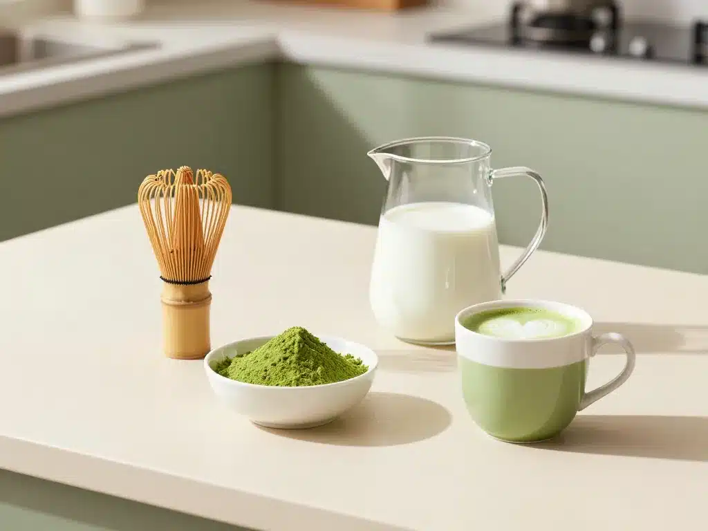scène préparation matcha latte cuisine maison