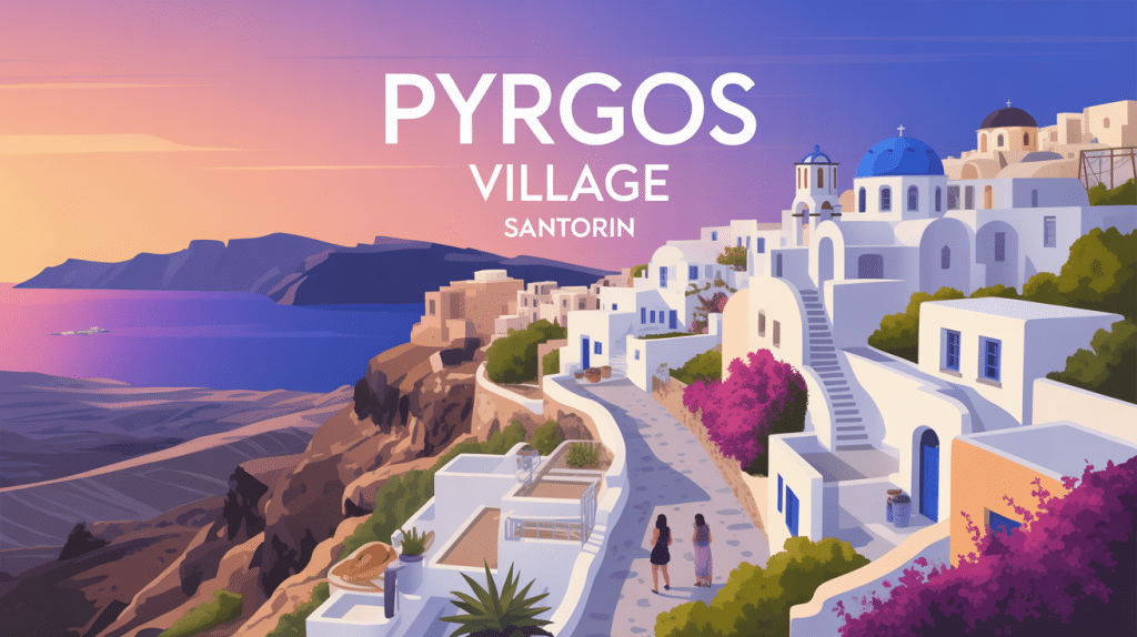 Santorini pyrgos village maisons blanches églises bleues panorama