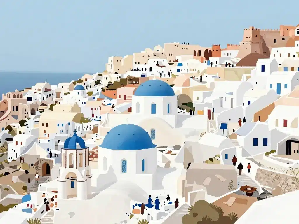 Santorini pyrgos village colline, maisons blanches et château