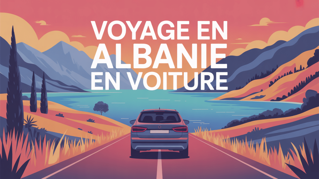 illustration stylisée aller en Albanie en voiture paysages européens