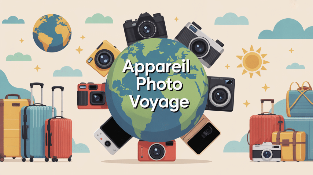 illustration appareil photo voyage globe et différents modèles
