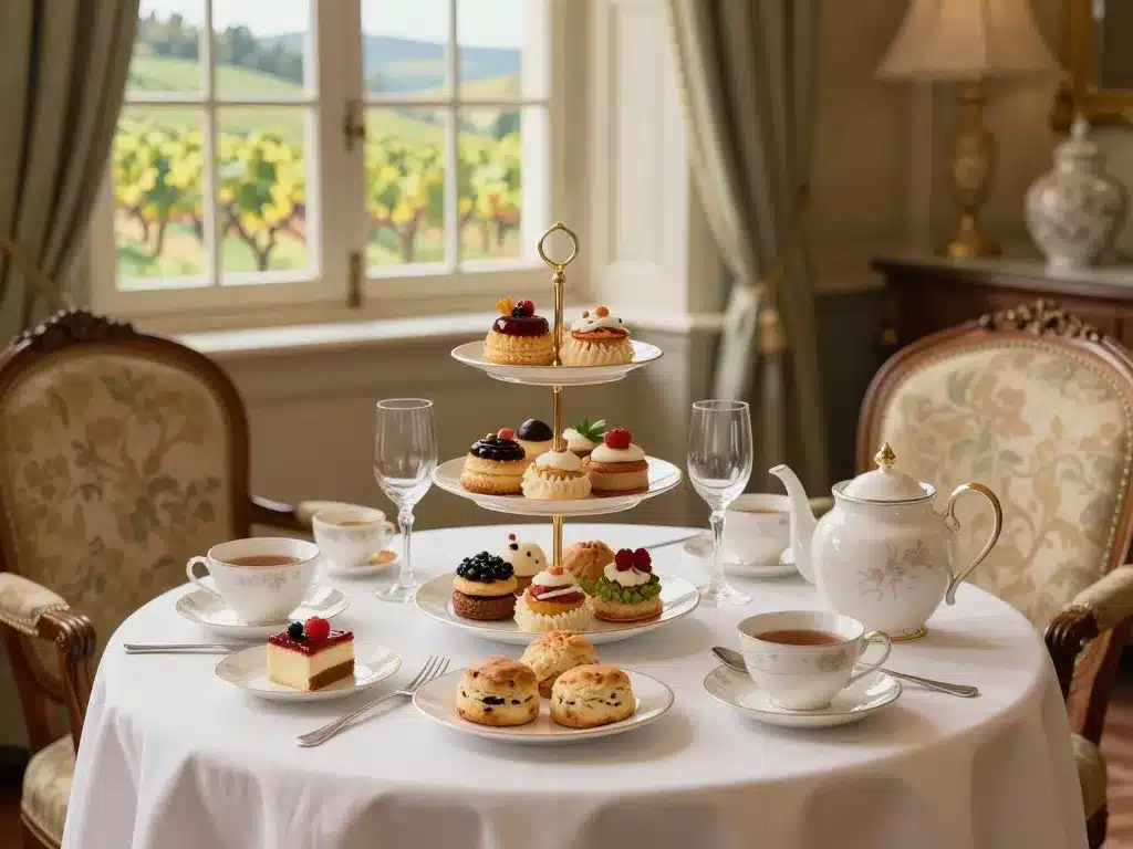 Salon tea time Burgundy chic avec pâtisseries locales
