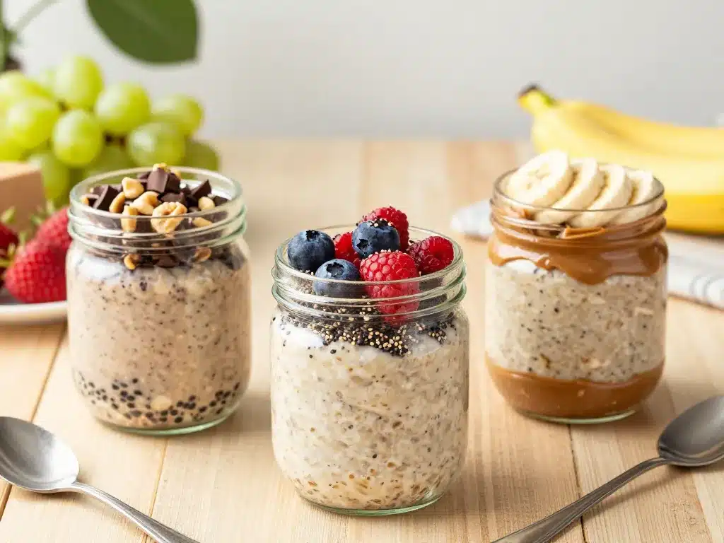 Trois pots d'overnight recette avec toppings chocolat, fruits rouges et banane