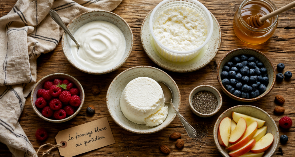 Bienfait du fromage blanc, bols variés avec fruits et graines