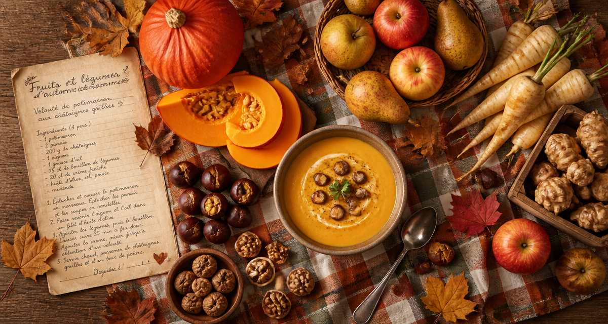 fruit et legume automne sur table en bois