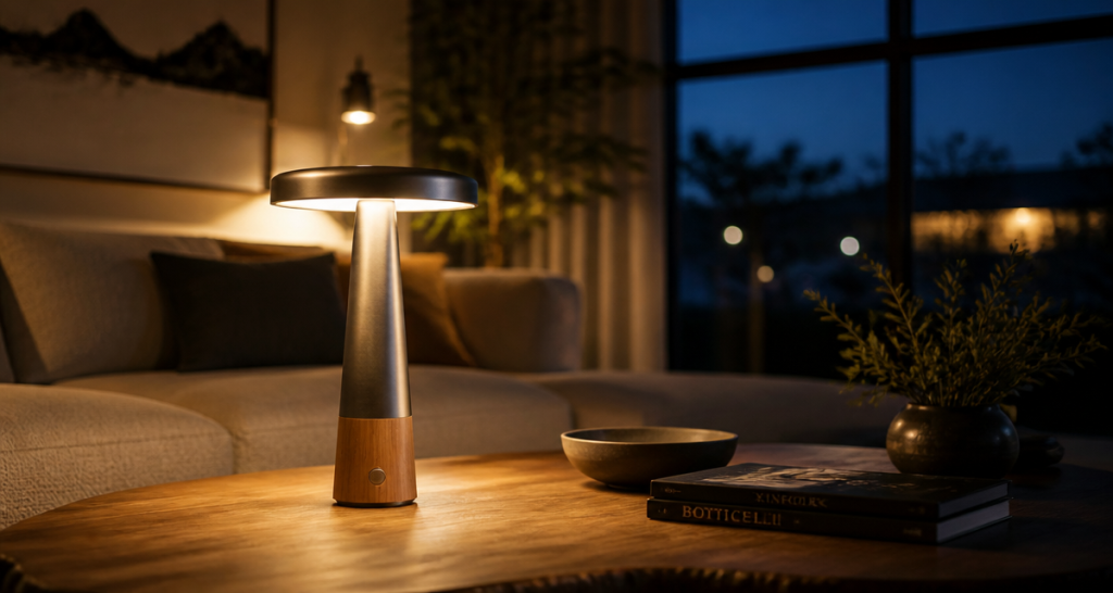 Lampe à pile sur table basse dans salon