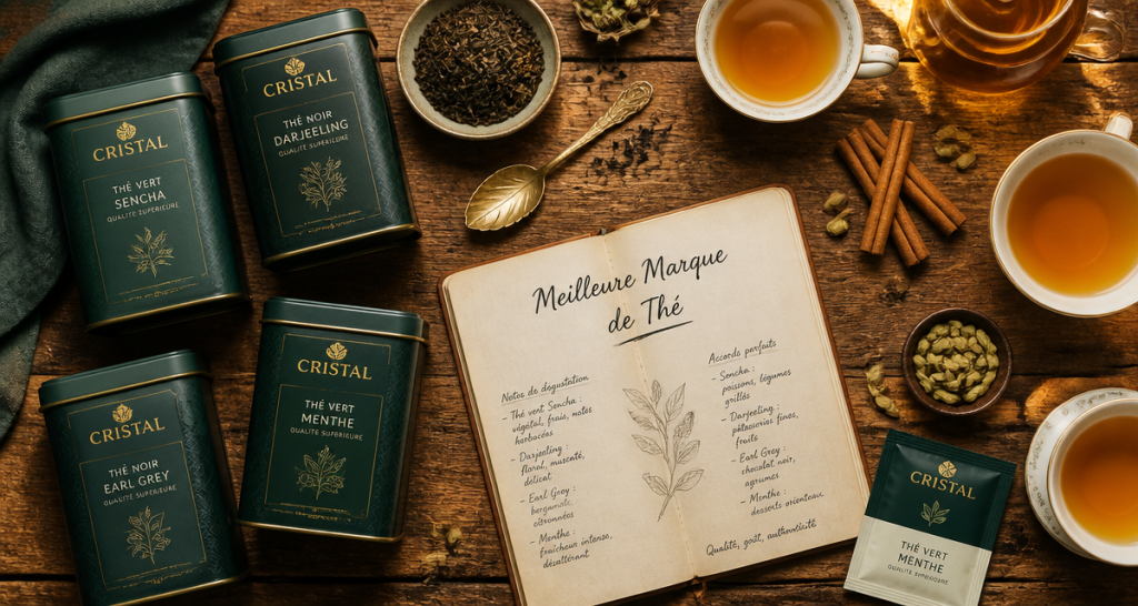 meilleur marque de thé sur table avec boîtes et tasses