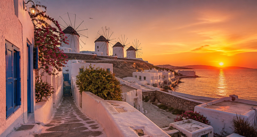 mykonos visite moulins kato mili coucher de soleil