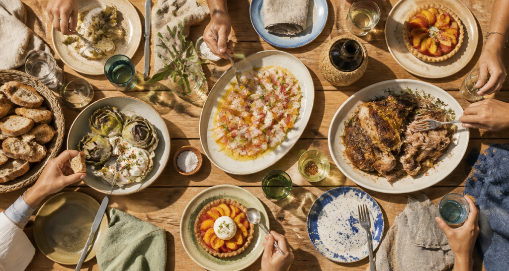 noé & le comptoir de noé - cuisine de partage sur grande table méditerranéenne