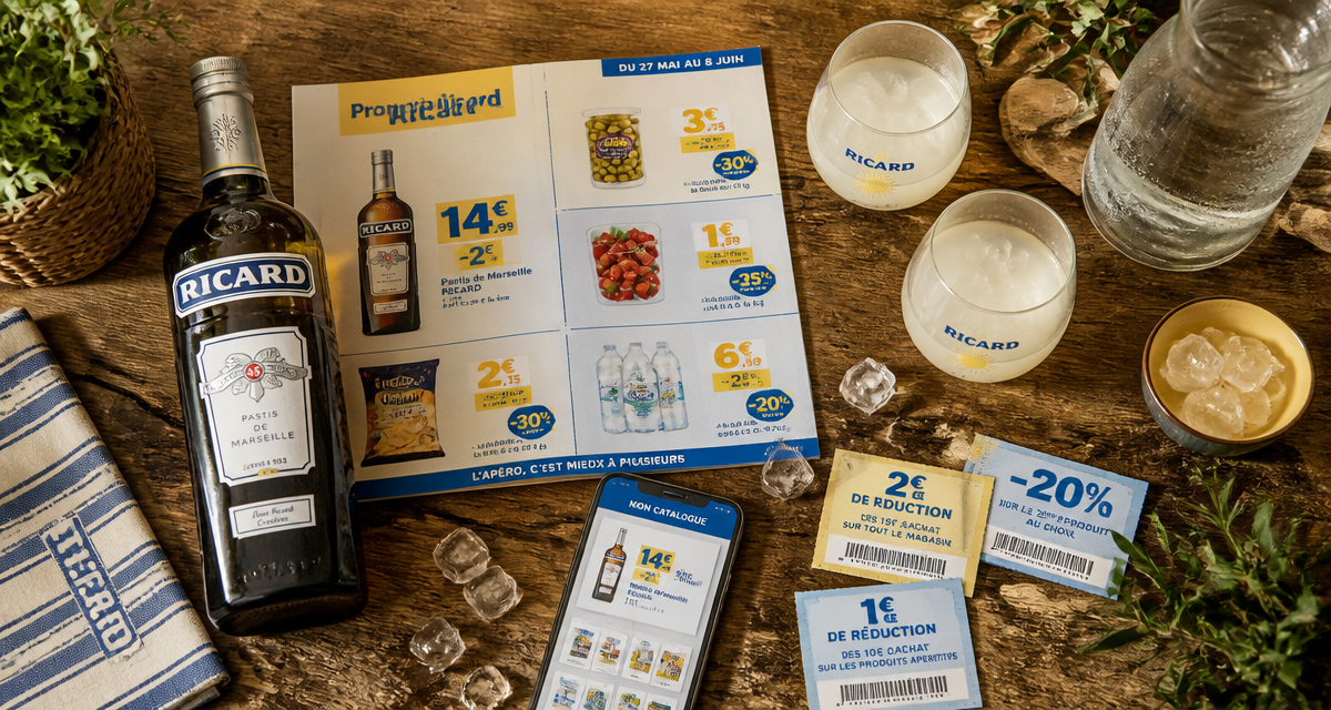 ricard en promotion cette semaine sur table avec verres et prospectus