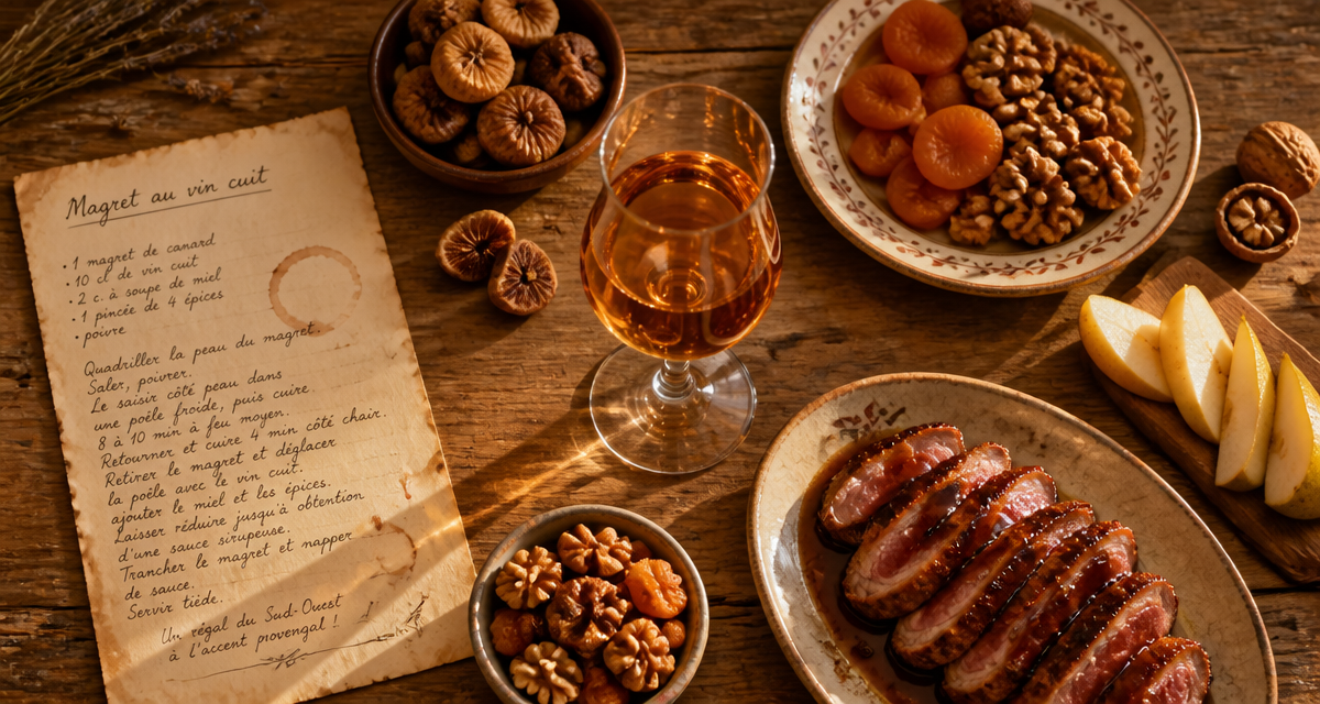 vin cuit apéritif français verre et magret sur table provençale