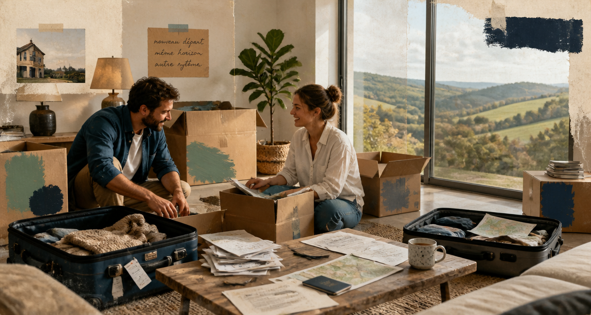 Changer de region couple deballe cartons salon