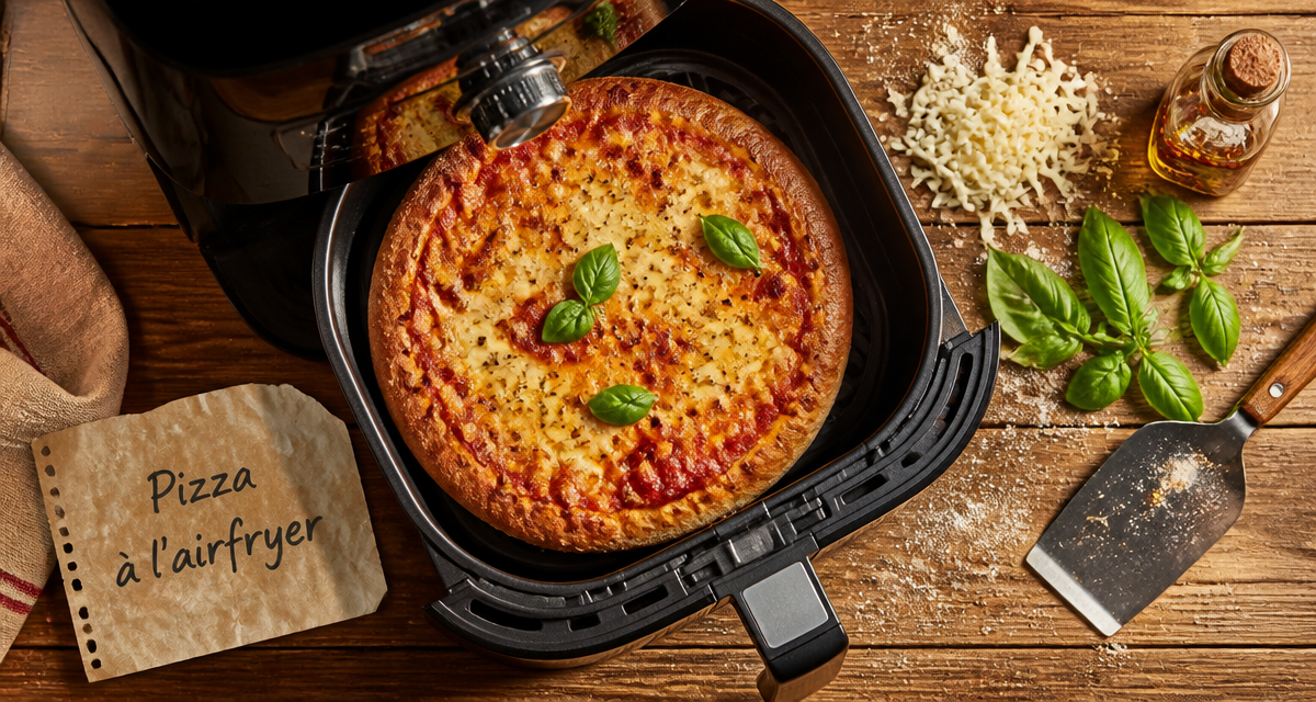 Pizza surgelée airfryer dorée sur planche bois