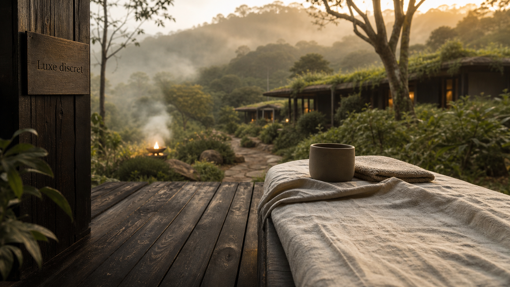 Voyages haut de gamme : terrasse en bois et éco-lodge isolé en nature