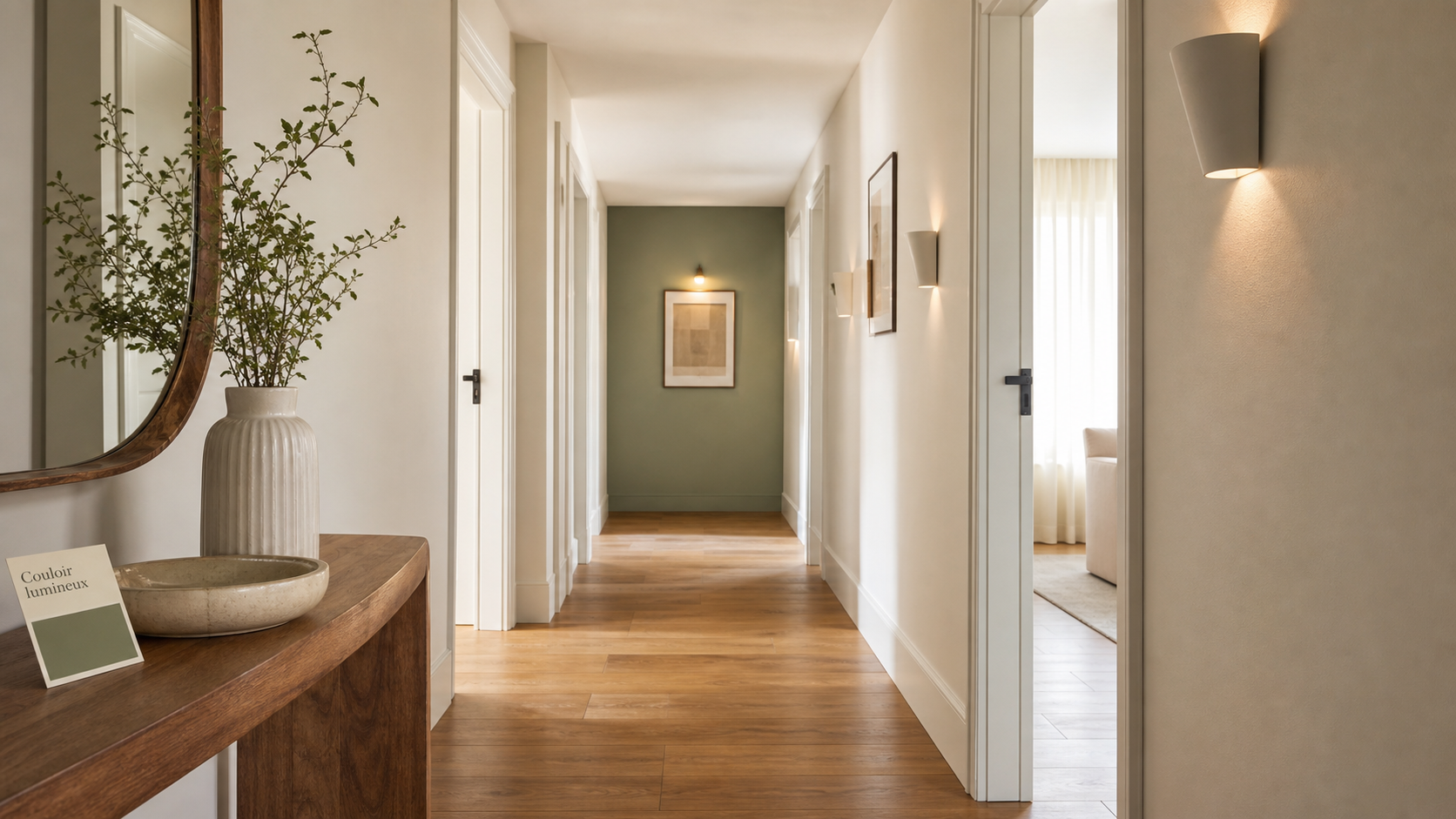 Couleur peinture pour couloir : murs blanc cassé et vert sauge