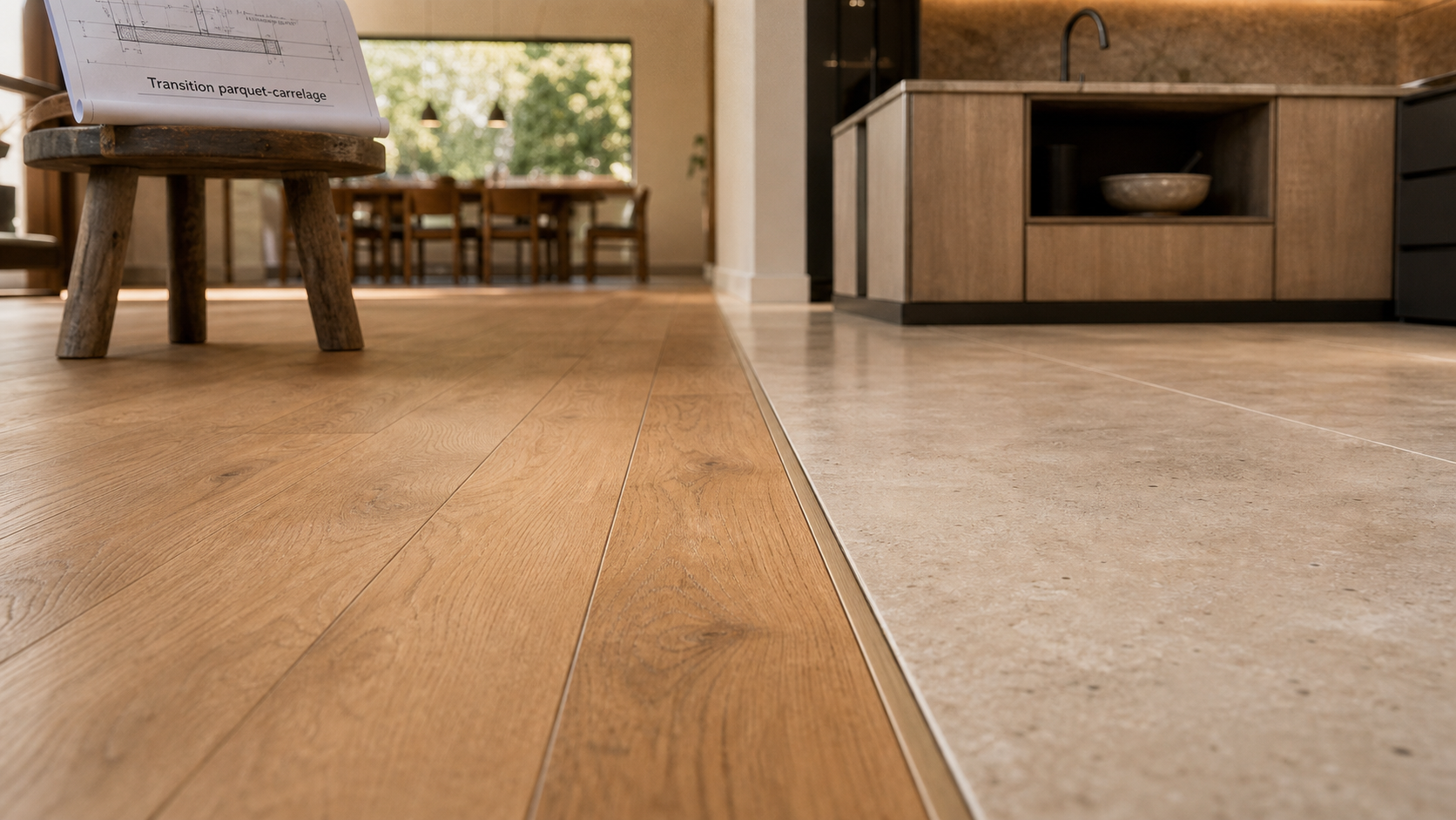 Jonction salon parquet cuisine carrelage, transition parquet-carrelage