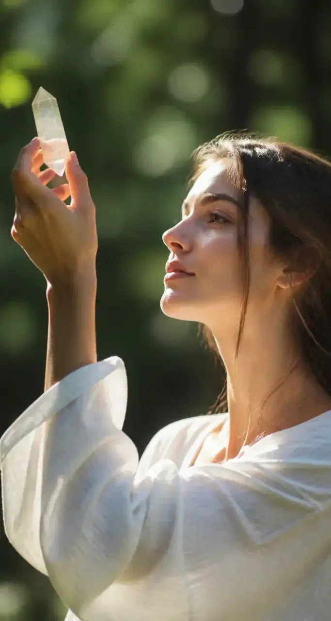Portrait serein d'une femme tenant un cristal de quartz dans une lumi&egrave;re douce