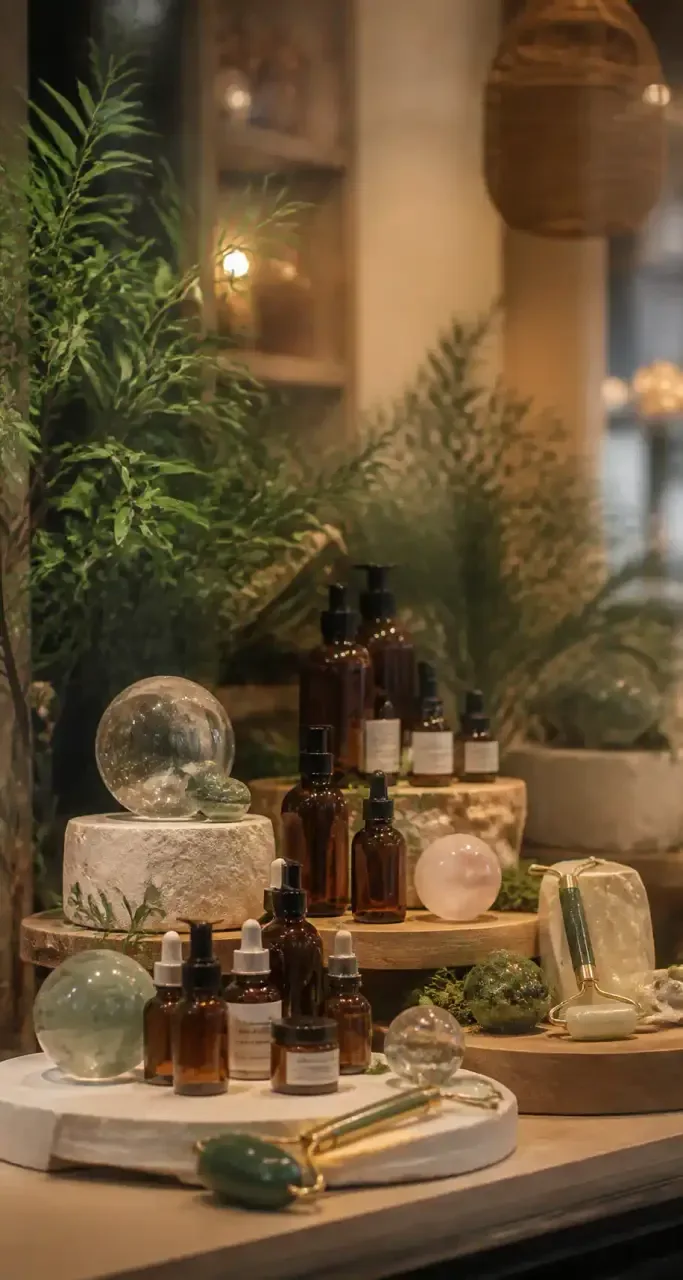 Institut de beaut&eacute; holistique&nbsp;: rouleaux de jade, cristaux et s&eacute;rums