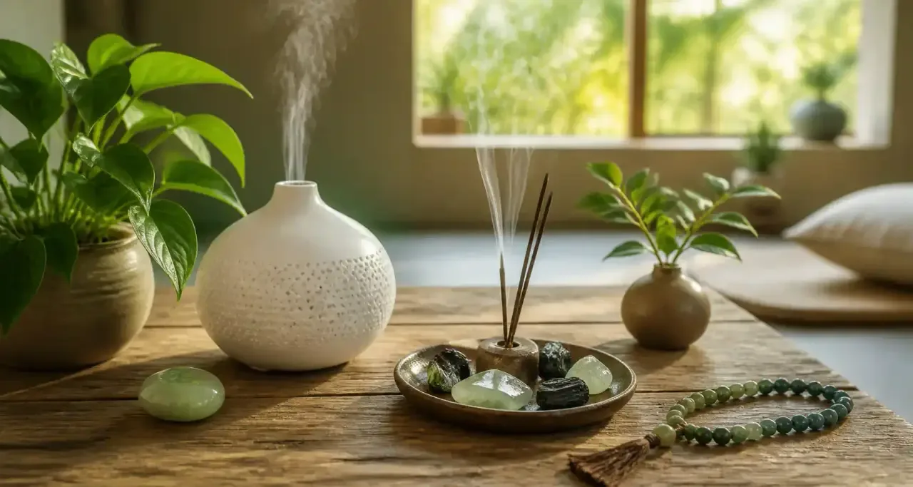 Rituel de m&eacute;ditation avec pierres de jade, encens et diffuseur