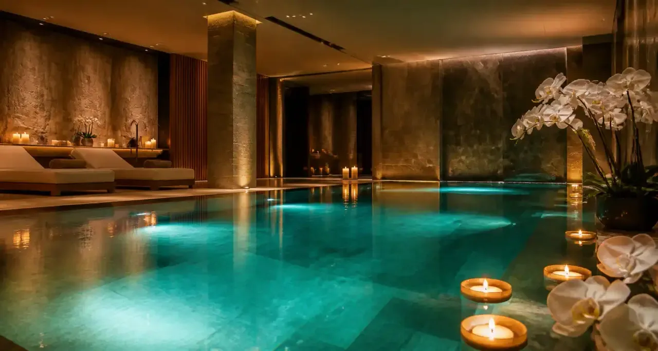 Spa de luxe avec piscine int&eacute;rieure et architecture apaisante