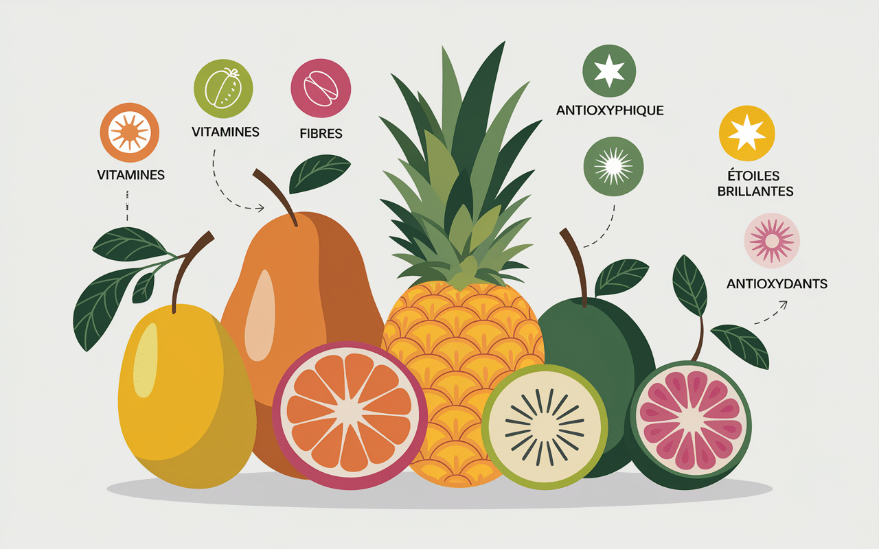illustration des bienfaits nutritionnels des fruits en z avec icônes vitamines fibres