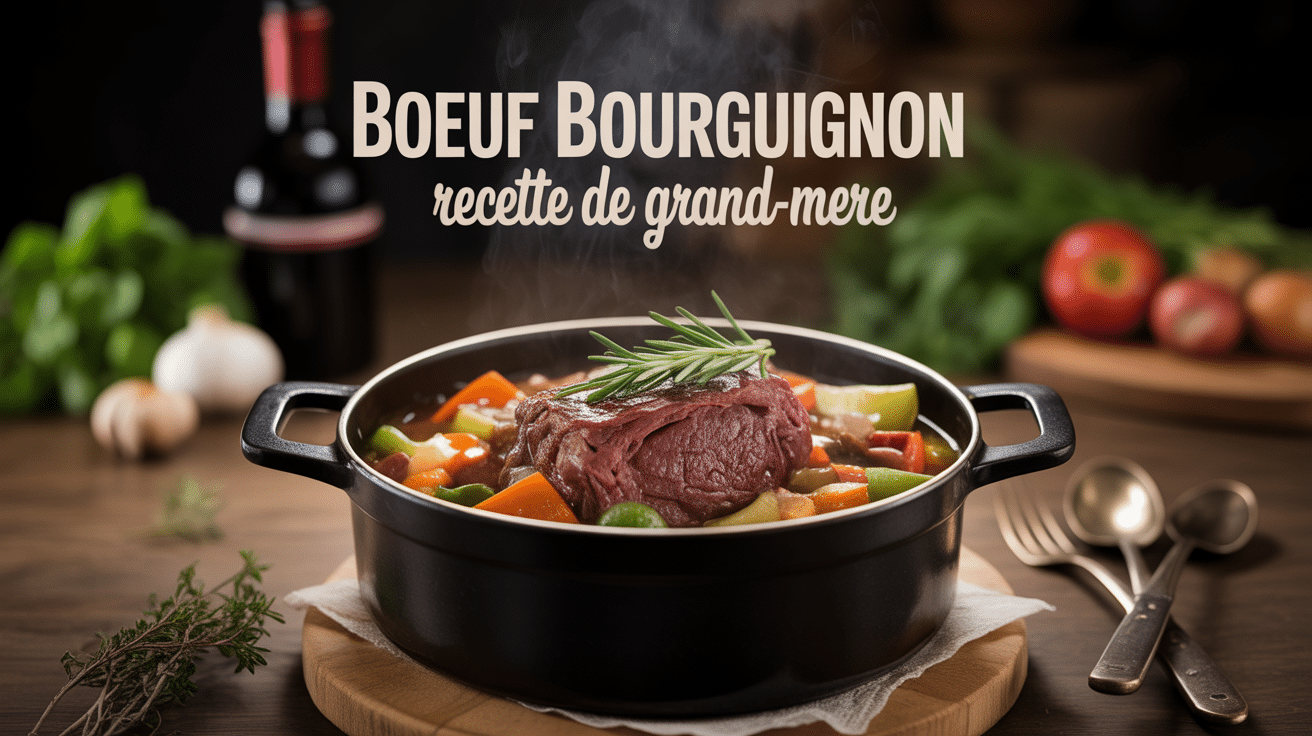 cocotte de boeuf bourguignon recette de grand-mere avec legumes et vin rouge