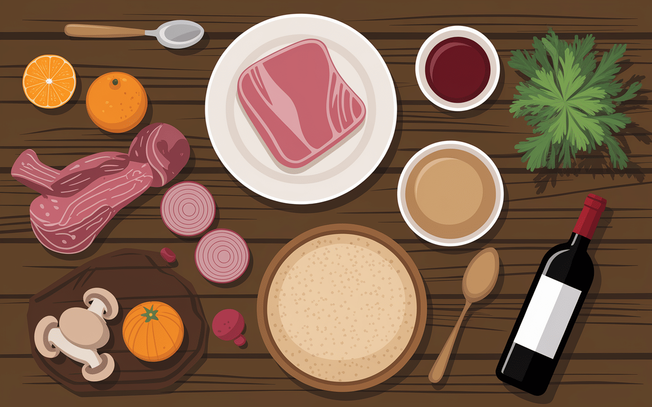 ingredients boeuf bourguignon recette de grand-mere sur table rustique