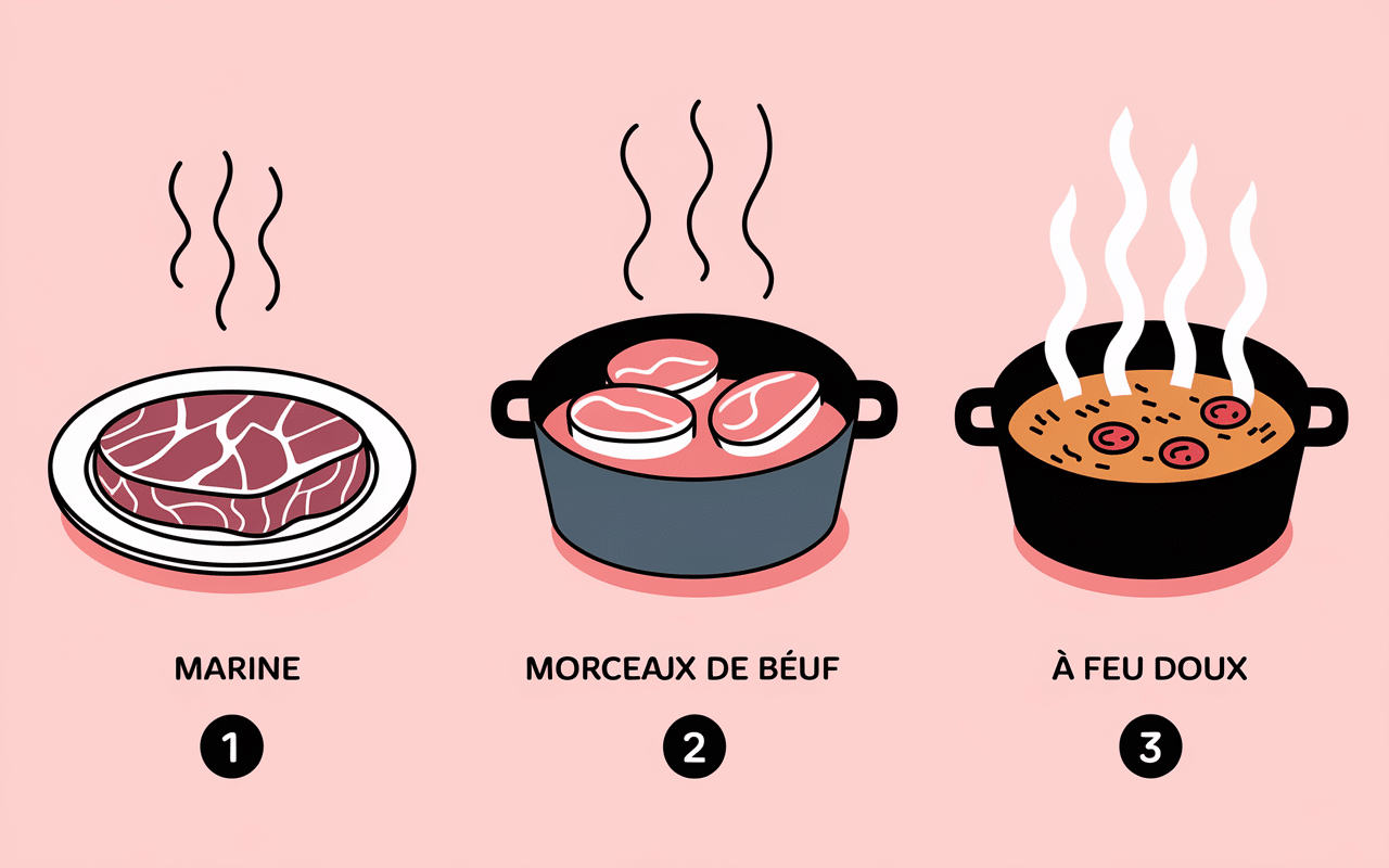 etapes cuisson boeuf bourguignon recette de grand-mere illustration pedagogique