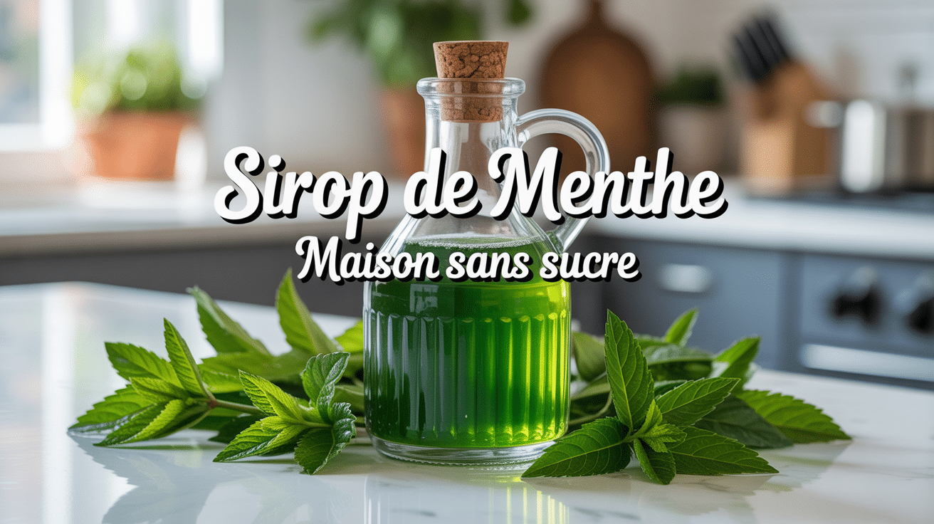 Bouteille de sirop de menthe maison entourée de feuilles fraîches