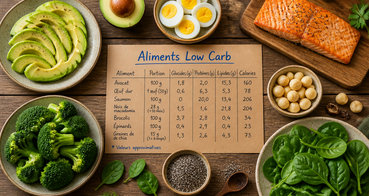 aliments pauvre en glucide variés sur table