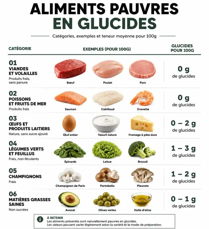 Infographie des aliments pauvres en glucide et leur teneur nutritionnelle