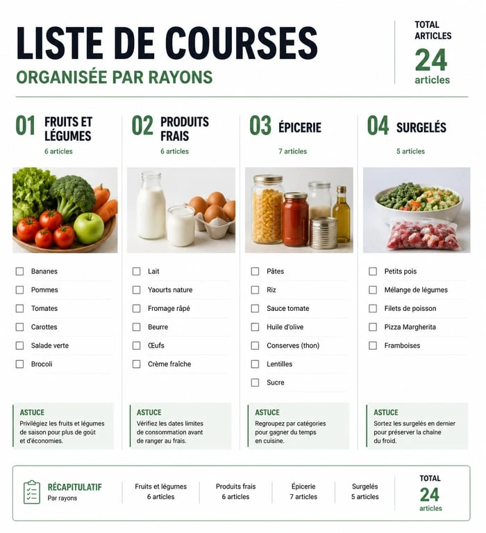 Infographie montrant l'organisation d'une liste de courses alimentaires par rayons pour gagner en efficacité