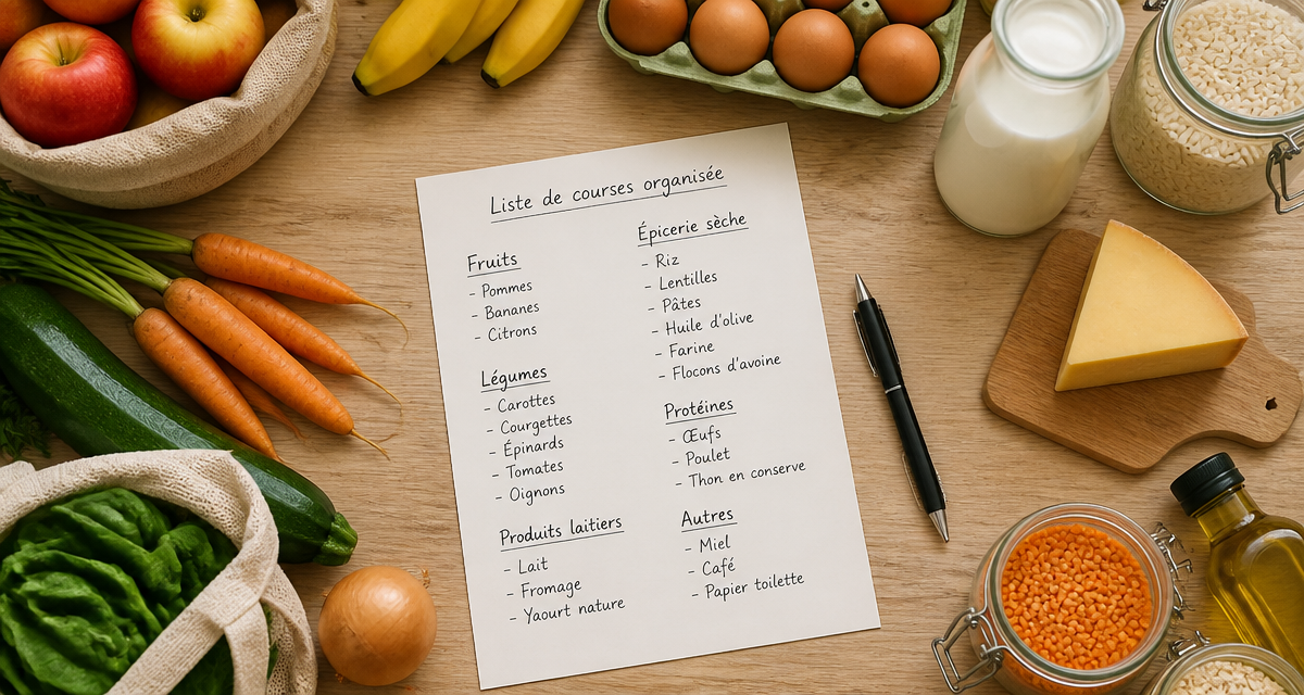 liste courses alimentaires manuscrite sur table avec produits frais