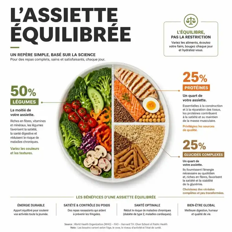 Infographie sur les principes d'une assiette pour une nourriture healthy équilibrée