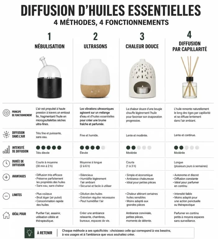 Infographie comparative des méthodes pour diffuser huile essentielle en toute sécurité