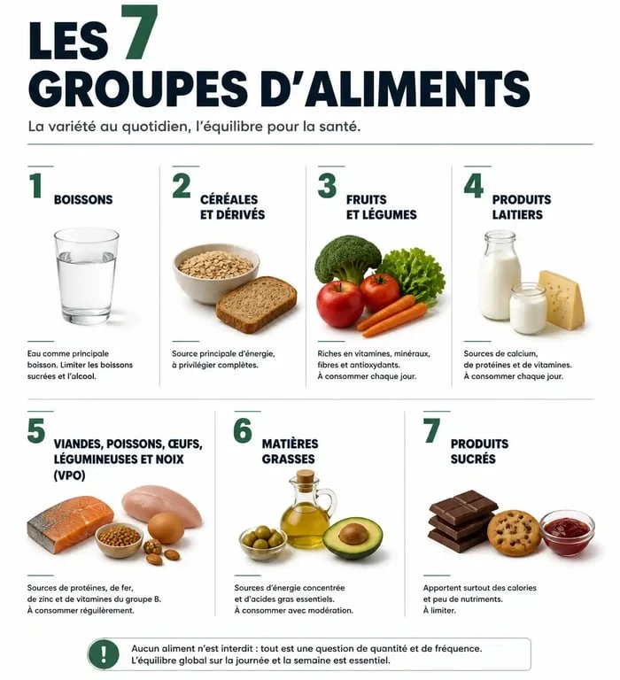 Infographie des 7 groupes d'aliments pour un équilibre nutritionnel optimal