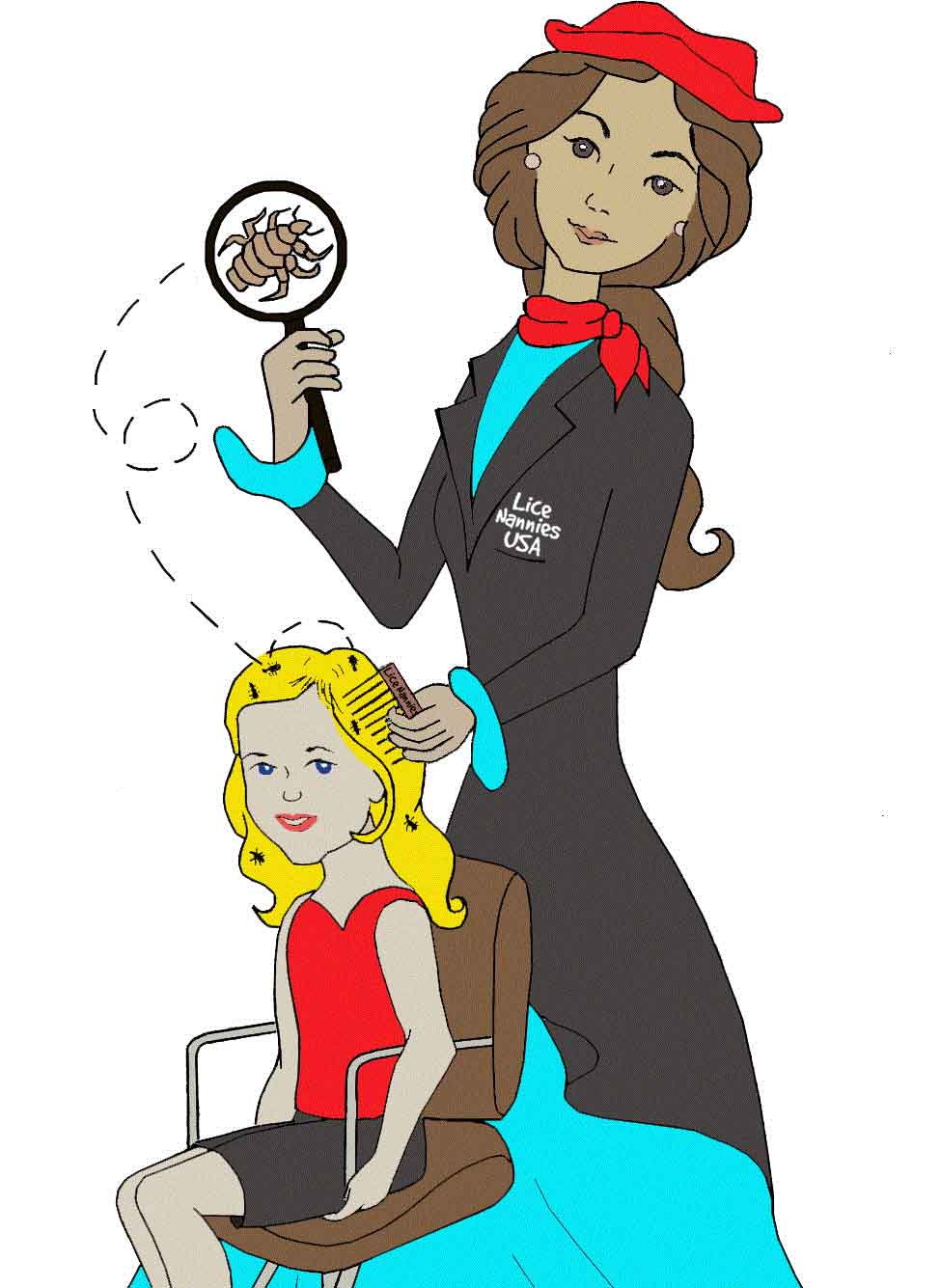 Illustration of a woman in a hat examining a girl's hair with a magnifying glass, seated in a chair. The woman is holding a comb, and a lice image is shown magnified. Solve your lice problems with Lice Nannies USA.