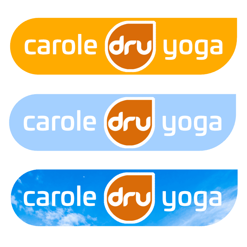 Carole Dry Yoga logo in orange, blue, and sky blue backgrounds.