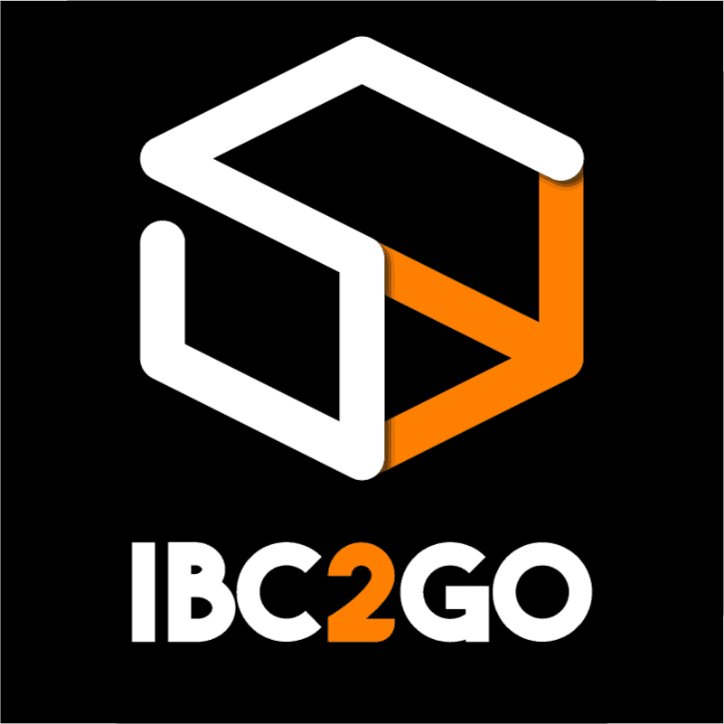 IBC2GO logo with 3D cube design in white and orange on black background.