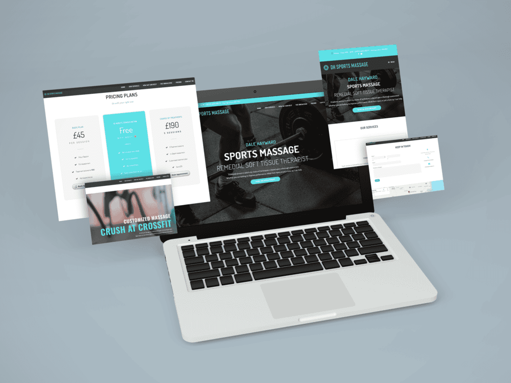 Screenshot of Liteform sports massage website on laptop and tablets.