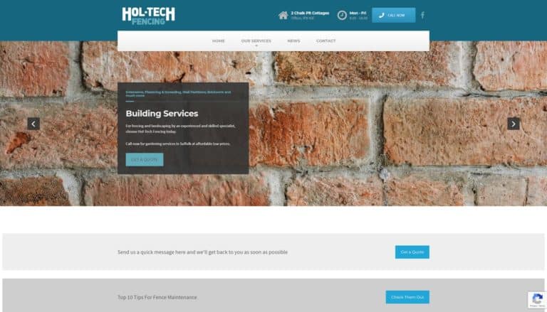 Brick wall with Hol-Tech Fencing logo and website header.