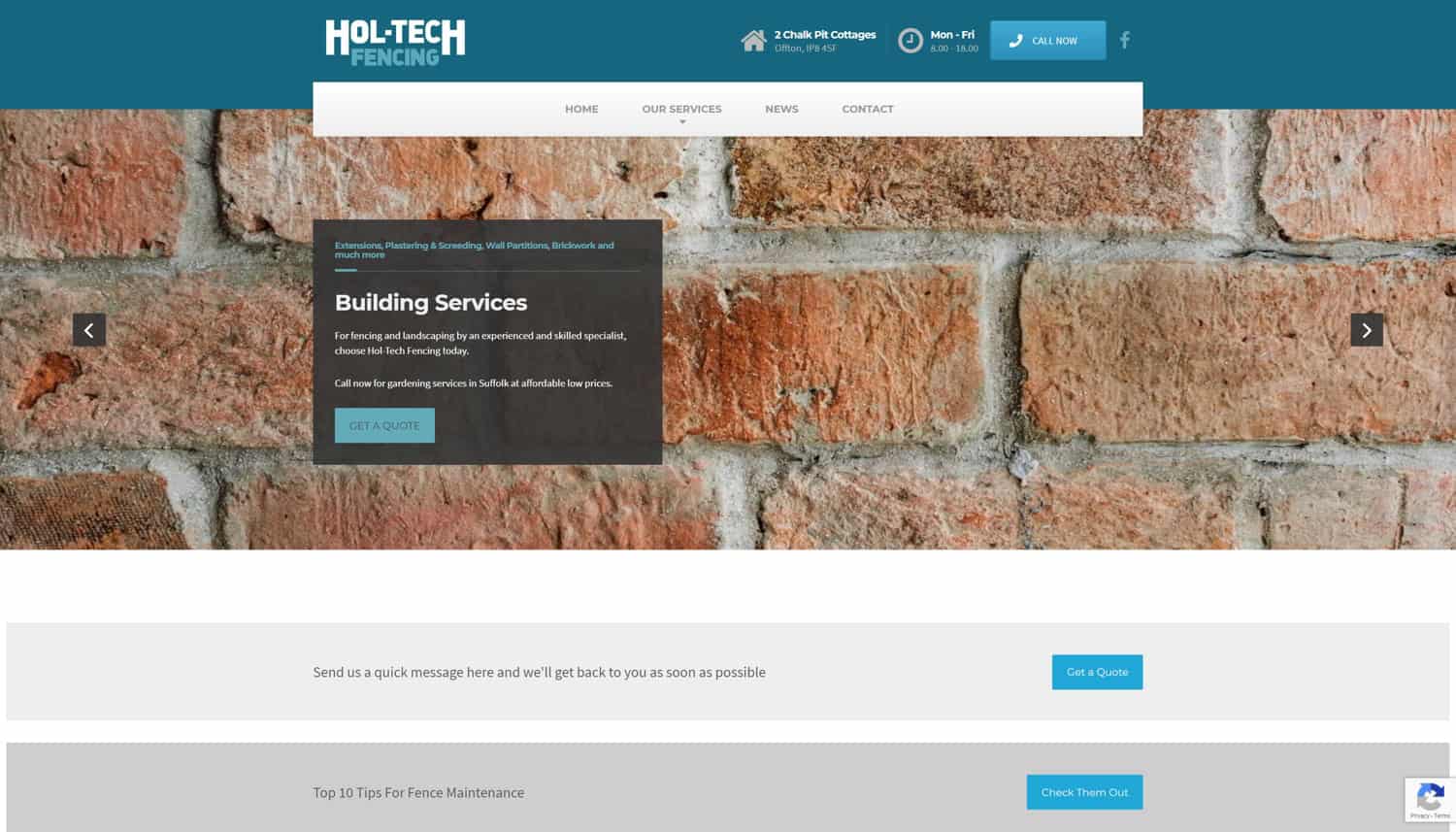 Brick wall with Hol-Tech Fencing logo and website header.