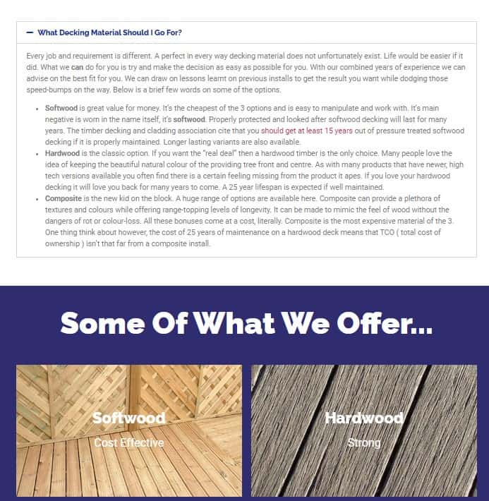 Decking material options including softwood, hardwood, and composite for fencing and gardening.